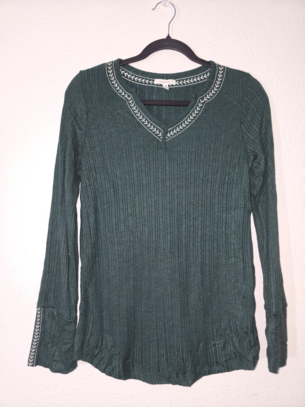 Maurices Dark Green Ribbed V-Neck Long Sleeve Top with White Trim